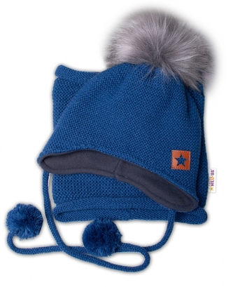 Zimní čepice s fleecem a chlupáčková bambule Star + komínek - granát, 104/116; 104-116 (4-6r)