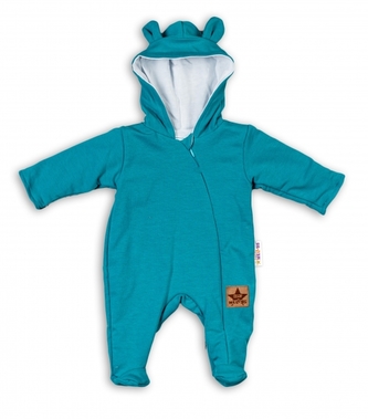 Baby Nellys Kojenecký teplákový overal s kapucí Teddy - tyrkysový; 56 (1-2m)