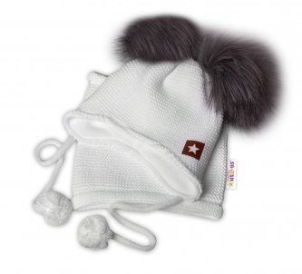 Zimní čepice s fleecem a chlupáčkové bambulky Star + komínek - bílá, BABY NELLYS; 68-86 (6-18m)