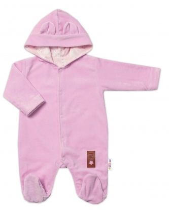Semiškový, velurový overal s kapucí Baby Nellys New Bunny, růžový, vel. 80; 80 (9-12m)