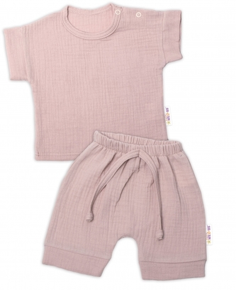 Baby Nellys 2-dílná mušelínová soupravička, tričko + kraťasky BOY, béžová, vel. 68; 68 (3-6m)
