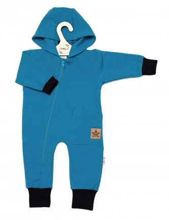 Teplákový overal s kapsičkou a kapucí BOY, Baby Nellys, petrolejový, vel. 86; 86 (12-18m)