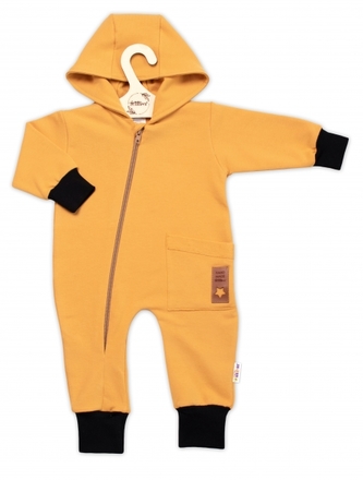 Teplákový overal s kapsičkou a kapucí BOY, Baby Nellys, hořčicový, vel. 86; 86 (12-18m)
