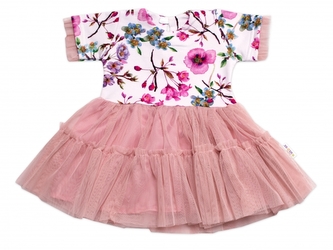 Šaty s tylovou sukní kr. rukáv, Macešky Baby Nellys, pudrové, vel. 116/122; 116-122 (5-7r)