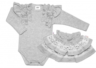 BABY NELLYS  2 dílná sada, body dl.rukáv + suknička s krajkou a volánky, vel. 74, šedá; 74 (6-9m)