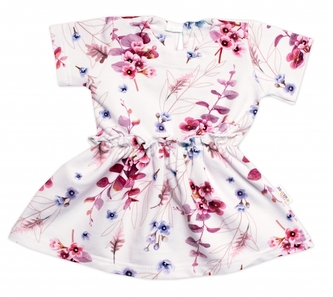 Šaty kr. rukáv, bavlna, Kvítky Berberys Baby Nellys, smetanové, vel. 104/110; 104/110 (3-5r)