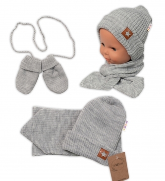 Baby Nellys Pletená čepice s šálou a rukavičky 3v1, STAR - šedá, 68/74; 68/74 (6-9m)