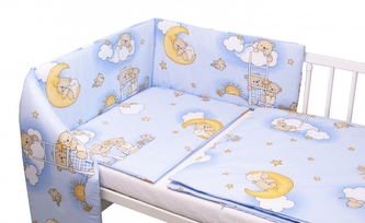 Mantinel s povlečením Premium, 3D sada, Medvídek na žebříku, modrý, 135x100cm; 135x100