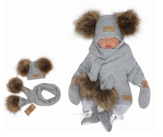 Z&Z Zimní čepice s bambulemi z kožešinky a šálou 2V1, šedá, vel. 86; 86 (12-18m)