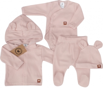 Sada do porodnice 4D, žebrovaná, body, polodupačky, kabátek a čepička, pudrová; 50 (0-1m)