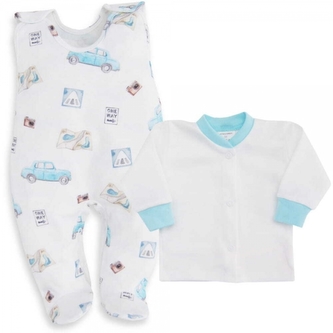 Bavlněné dupačky s košilkou Mrofi, 2D sada, Blue car - modrá, vel. 62