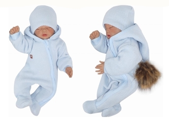 Z&Z Přechodová kombinéza s kapucí a kožešinovou bambulí, modrá, vel. 68; 68 (3-6m)