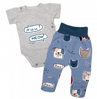 Body kr. rukáv zap. bokem + polodupačky Pejsek a Kočička Mrofi, šedá/modrá; 56 (1-2m)