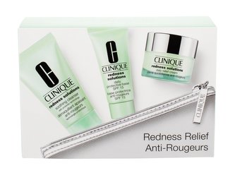 Clinique Redness Solutions denní pleťová péče 15 ml + báze pod make-up SPF15 15 ml + čisticí přípravek 30 ml + kosmetická taštička
