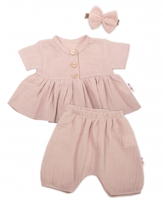 Baby Nellys 3-dílná mušelínová soupr., tunika/halenka, kraťasky, čelenka, béžová, vel. 62; 62 (2-3m)