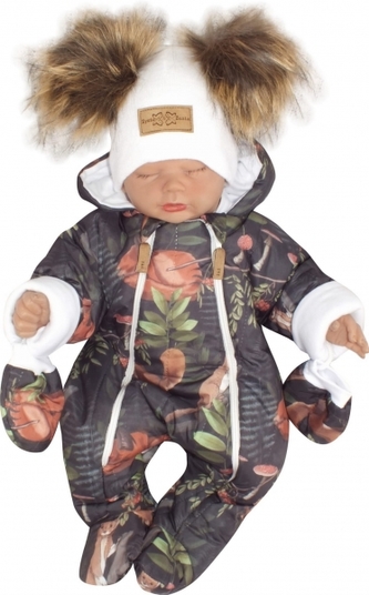 Z&Z Zimní kombinéza s dvojitým zipem, kapucí + rukavičky, Zvířátka - granát,62; 62 (2-3m)