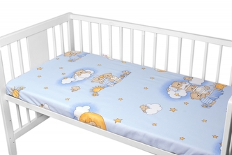Prostěradlo do postýlky 140x70cm, bavlna Premium, Medvídek na žebříku, modré; 140x70