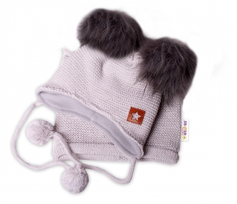 Zimní čepice s fleecem a chlupáčkové bambulky Star + komínek - šedá, BABY NELLYS; 68-86 (6-18m)