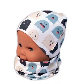 Baby Nellys Dvouvrstvá čepice + komínek Příšerky, bílá/mátová, vel. 104/110; 104/110 (3-5r)