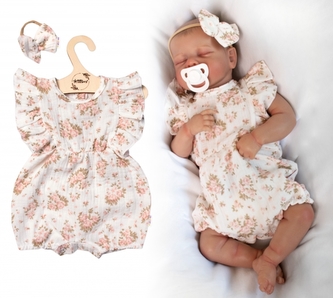 Body s nohavičkami a volánky + čelenka, mušelín, Pivoňky, Baby Nellys, smetanové, vel. 68