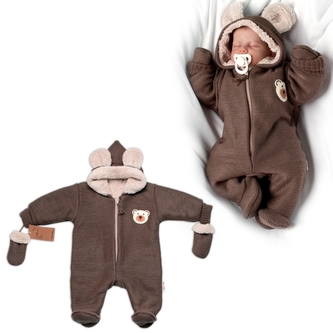Oteplená pletená kombinéza s rukavičkama Teddy Bear, Baby Nellys, dvouvrstvá, hnědá; 56 (1-2m)