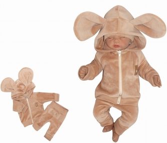 Z&Z Velurová, semišková tepláková souprava s oušky MYŠKA - béžová, vel. 62; 62 (2-3m)