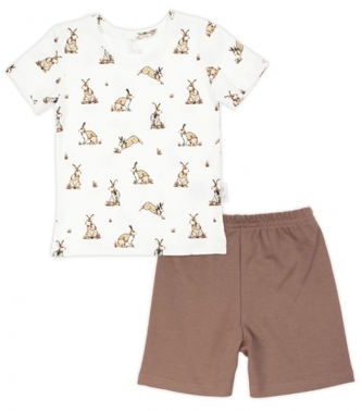 Tričko+kraťásky, bavlněný komplet Nicol, Rabbit, krémová/hnědá, vel. 116; 116 (5-6r)