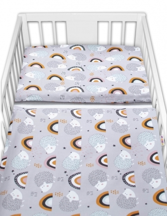 Baby Nellys 2-dílné bavlněné povlečení -  Ježek a duha, šedé; 120x90