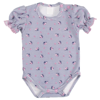 Body krátký rukáv s volánky, bavlna, MBaby, Proužek s květy, granát/růžová, vel. 80; 80 (9-12m)