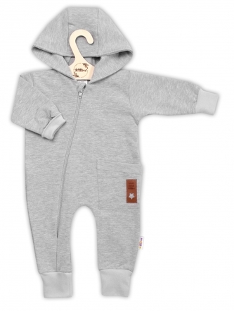 Teplákový overal s kapsičkou a kapucí BOY, Baby Nellys, šedý, vel. 80; 80 (9-12m)