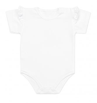 Kojenecké body kr. rukáv s krajkovým volánkem, Aurelia, bavlna Mrofi, bílé, vel. 68