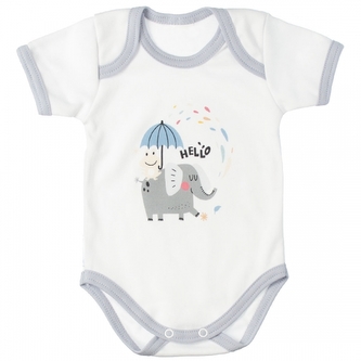 MBaby Bavlněné body s krátkým rukávem, Slůně Hello, bílo/šedé, vel. 74; 74 (6-9m)