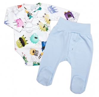 Kojenecké body zap. bokem + polodupačky UFO, 2D sada, Mrofi, bílá/modrá, vel. 62; 62 (2-3m)