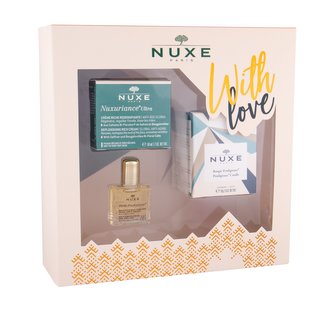 NUXE Nuxuriance Ultra denní pleťová péče 50 ml + suchý olej Huile Prodigieuse Multi Purpose Dry Oil 10 ml + vonná svíčka 70 g