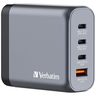 Cestovní adaptér GNC-140, GaN zástrčka, 2xUSB-C PD 140W, 1xUSB-C PD 20W, 1xUSB-A QC 3.0, Verbatim