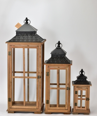 Dřevěná lucerna hnědá s patinou, sada 3 ks