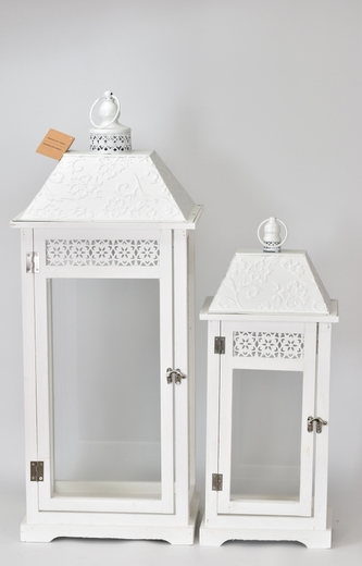 Dřevěná lucerna bílá s patinou, sada 2 ks