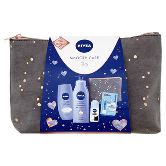 Nivea Body Milk tělové mléko 400 ml + sprchový krém Creme Smooth 250 ml + roll-on Black & White 50 ml + balzám na rty Labello Hydro Care 4,8 g + kosmetická taštička