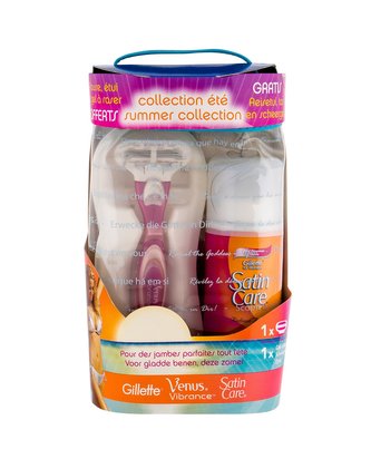 Gillette Venus holicí strojek s jednou hlavicí a baterií 1 ks + držák 1 ks + gel na holení Satin Care Radiant Apricot 75 ml + kosmetická taštička