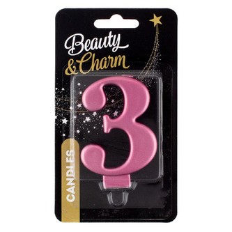 Svíčka dortová číslice 3 metalická, růžová 8 cm
