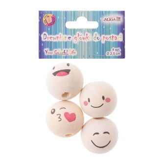 Korálky kulaté, dřevěné SMILEY - 4 ks