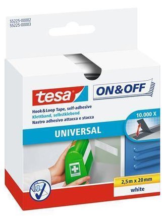 Samolepicí pás pro univerzání použití "On&Off 55225", bílá, suchý zip, 20 mm x 2,5 m, TESA