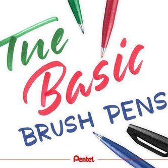 Štětcová pera "Brush Sign", sada 4 barev, s průvodcem, PENTEL SES15/4-SET