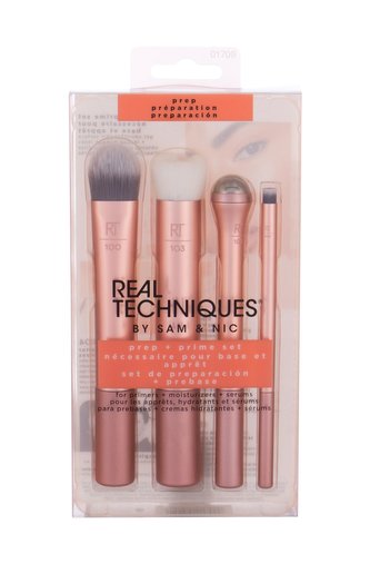 Real Techniques Brushes kosmetický štětec na podkladovou bázi 1 ks + exfoliační štětec 1 ks + chladivý roll-on pro oční okolí 1 ks + exfoliační štětec na rty 1 ks