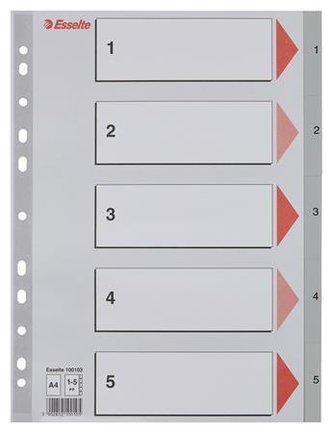 Rejstříky, šedá, A4, plast, 1-5, ESSELTE