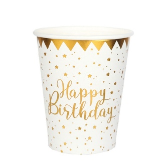 Papírové kelímky bílé se zlatými hvězdami Happy Birthday 270 ml - 10 ks