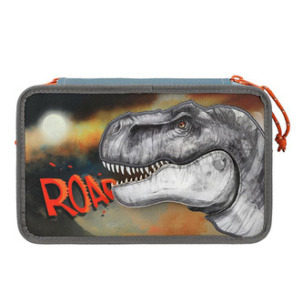 Penál s výbavou Dino World, Šedo-oranžový, T-Rex s pohyblivou čelistí, třípatrový