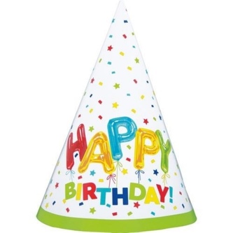 Papírové čepičky konfetové Happy Birthday 8 ks