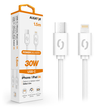 Datový kabel ALIGATOR POWER 30W, USB-C/Lightning 3A 1,5m, bílý
