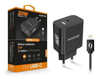 Rychlá nabíječka USB-C ALIGATOR PD 20W s kabelem USB-C/Lightning(iPhone), černá